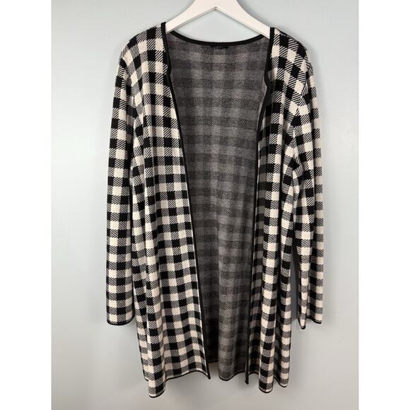 Talbots 1X Wool Blend Plaid Check Long Cardigan Sweater Coat Black White Soft - Picture 1 of 7